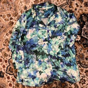 Soft Surroundings Women's Palais Top Silk Shirt Blue Teal Watercolor Size Large